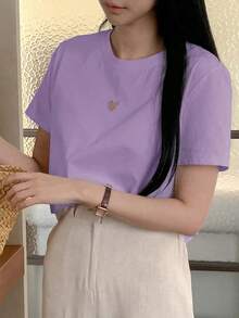 Camiseta casual de verano de mujer con cuello redondo y mangas cortas con detalle de corazón hueco - Morado - Ver 3