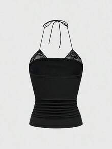 Camiseta de tirantes finos con adornos de strass y ribete de encaje 2 en 1 para mujer - Negro - Ver 2