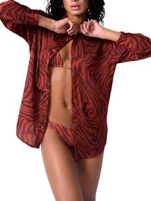 Women's Spring Autumn Slim Shirt Long Sleeve Lapel Zebra/Floral/Tree Print Button Blouse - Brick Red - View 2