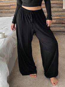 Plus Size Women's Straight Leg Pajama Pants With Elastic Waist And Drawstring, Solid Color Lounge Pants For Autumn And Winter - Black - View 4