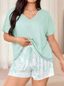 Miss Vinta Women's Plus Size 2-Piece Pajama Set With Short-Sleeve V-Neck Top And Floral Print Shorts. Comfortable Summer Pajama Set For Women With Shorts And Top, Summer Loungewear - 綠色的 - 查看 12