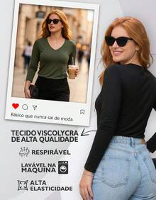 Set Of 2 Long Sleeve T-Shirts, Base Layer Blouses, V-Neck, Slim Fit, Workwear, Winter, Basic, Plain - 紅木色 - 查看 4