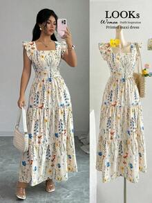Women's Dress With A Square Neckline, Fitted Waist, And Flared Sleeves In A Multicolored Print. Elegant And Sophisticated, Suitable For Valentine's Day, Easter, Labor Day, Birthdays, Dates, Parties, Formal Occasions, Teacher Outfits, High-Vibe Looks, Travel And Vacations, Streetwear, Spring And Summer. - 灰色 - 查看 12