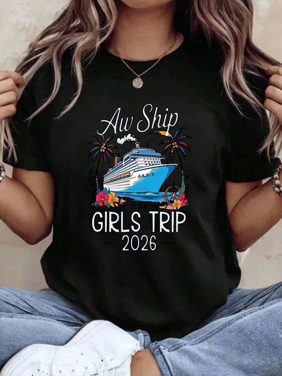 Women's Cotton T-Shirts Aw Ship Its A Girls Trip 2026, Women's Cruise T-Shirt, Tropical Design For Summer Vacation, Gift For Friends, Cruise Party Outfit, Women's Basic Blouses. - 黑色 - 查看 1