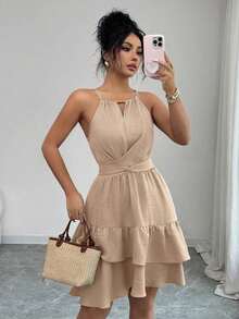 Vestido mini ajustado y acampanado sin mangas, elegante, de color caqui, con lazo de cuentas, para primavera/verano de mujer - Albaricoque - Ver 7