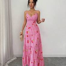 Vestido de tirantes rosa cereza con cintura ceñida y falda acampanada, vestido de verano casual y lindo para vacaciones. Vestido largo de mujer de verano estilo picnic, vestido maxi con lazo en la espalda a cuadros, vestido maxi a cuadros, vestido con estampado de fresa para mujer, vestido largo de verano, vestido rosa a cuadros para picnic, vestido con estampado de cereza para mujer, vestidos de verano para mujer, vestidos de picnic y vacaciones - Rosa - Ver 6
