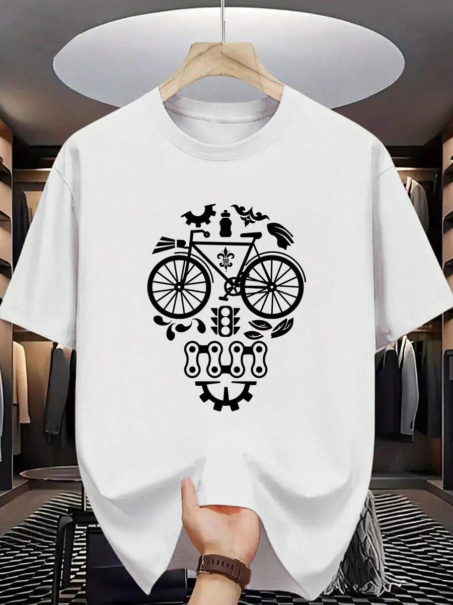 Camiseta con Estampado de Piezas de Bicicleta y Calaveras - Manga Corta, Cuello Redondo, Estilo Casual de Verano para Entusiastas, Motociclistas y Uso Casual - Prenda Lavable a Máquina - Blanco - Ver 1