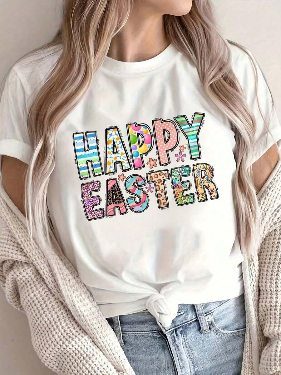 Round Neck T-Shirt With Easter Print And The Easter Story, 100% Cotton, With The Phrase "On The Third Day Of His Resurrection, On Christian Easter, He Rose Again." Casual Short-Sleeved T-Shirt For All Four Seasons, Women's Clothing. - 白色 - 查看 1