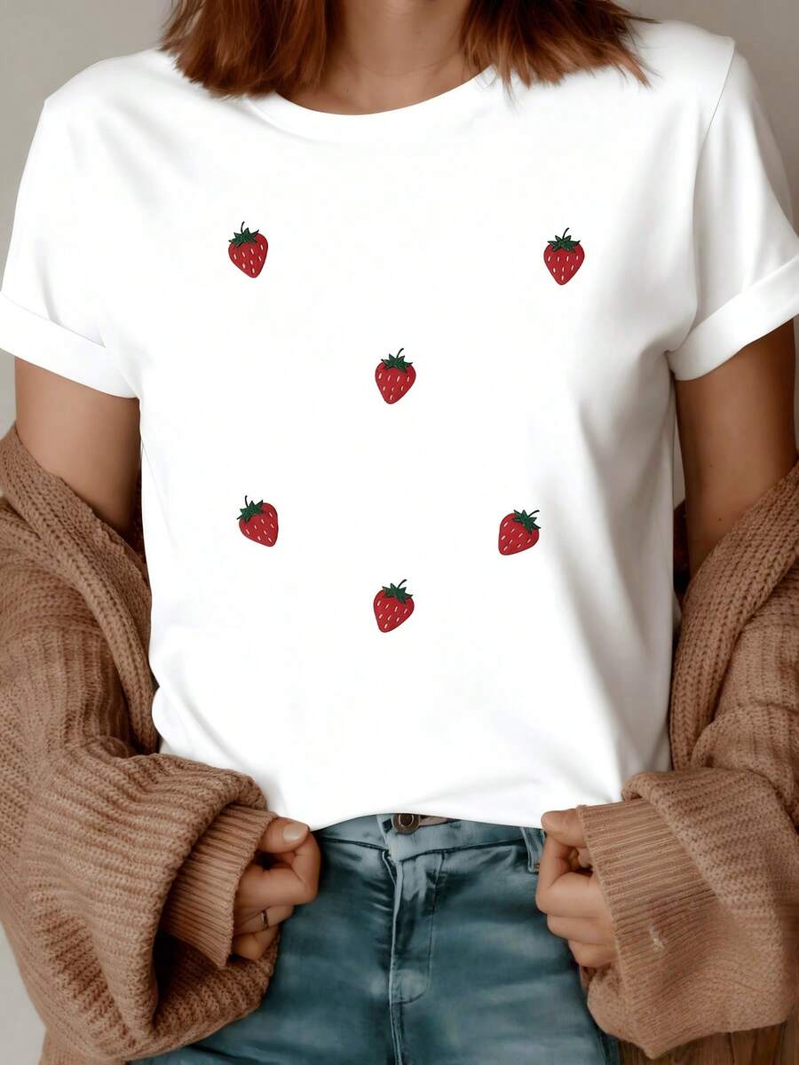 Red Strawberries Evoking Freshness, Joy, And Sweetness On A Light Background, A Symbol Of Natural Energy And Youthful Charm. A Modern, Comfortable Women's T-Shirt For Everyday Wear. - 白色 - 查看 1