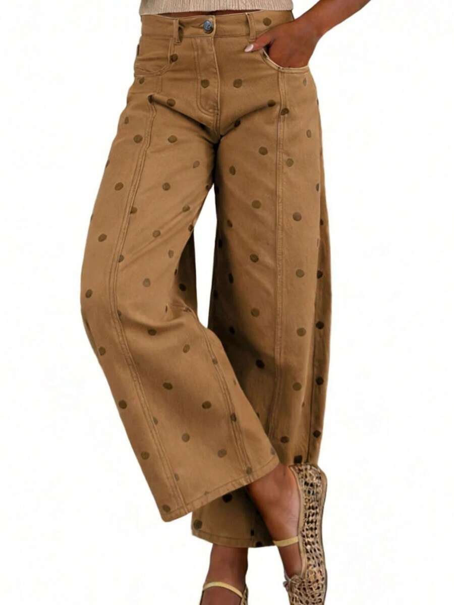 Women Barrel Jeans Dot Print Loose Denim Pants Spring Casual Baggy Trousers Fashion Wide-Leg Pants - Café integral - Ver 1