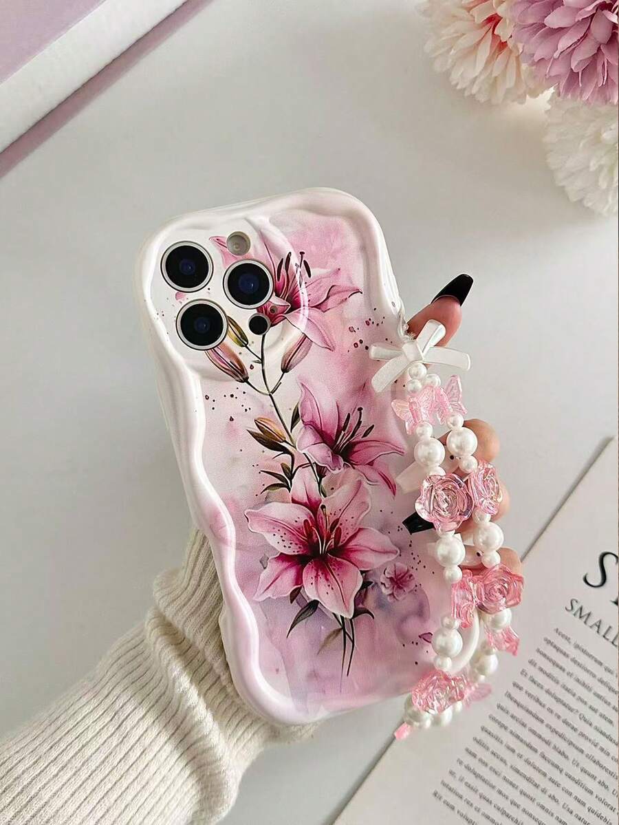 Ốp điện thoại chống rơi, màu kem, viền lượn sóng, họa tiết hoa, kèm phụ kiện vòng tay hạt cườm, tương thích với iPhone 17pro/17Air /17/17promax16/11/16pro/16plus/16promax/16e/15Promax/13/14/12/XS/XR/7G/8P, Galaxy S25/S25PLUS/S25 Ultra/A16/A36/A26/A56/A50/A12/A32/A52/A72/A51/A21S/A13/A14/S24/S24PLUS/S24Ultra, S22/A52/A53/A54/A55S23, 11/12Pro/12/12X/13Pro/14Pro/15Pro, 10/9/Note9/12c/Note11pro/Note8Pro
