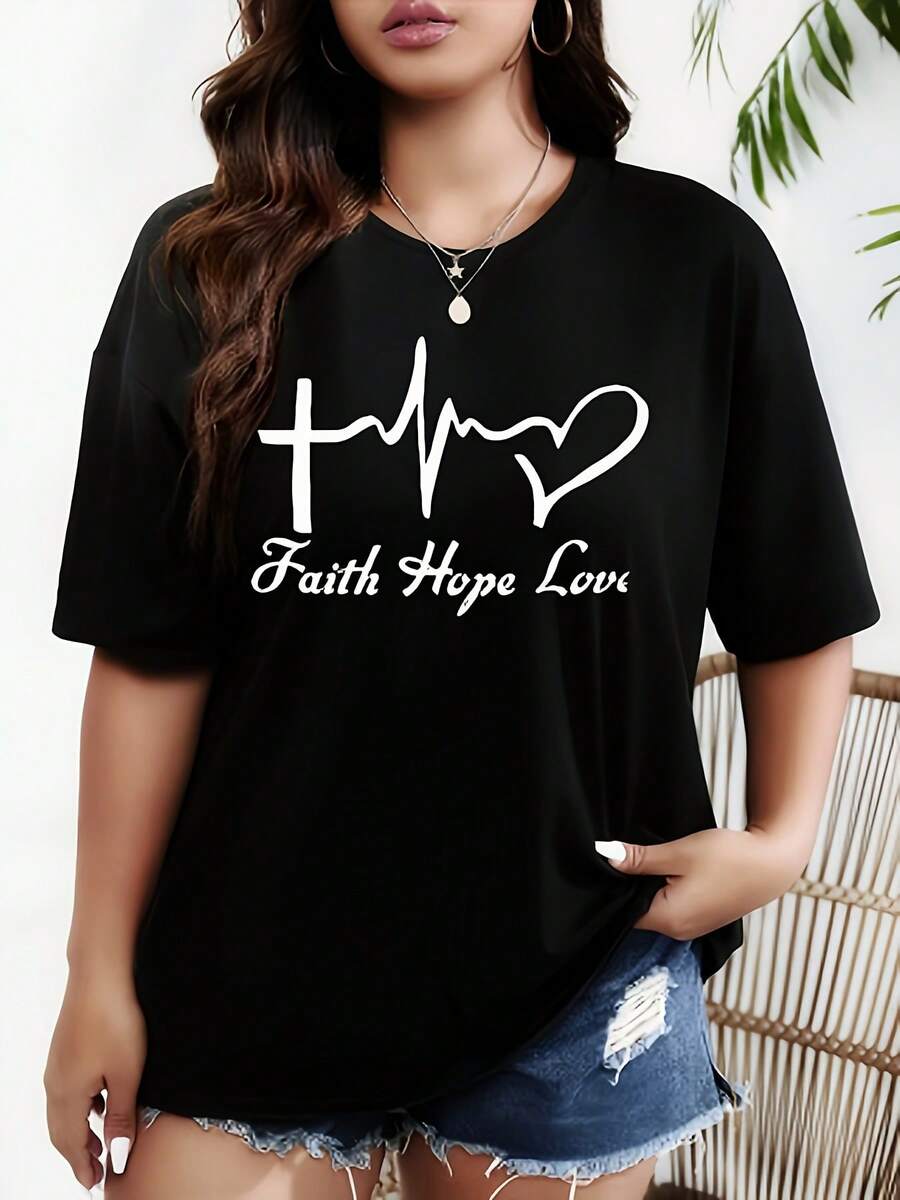 Women's Lightweight Short-Sleeved Loose-Fit T-Shirt, Casual Printed T-Shirt, Elastic Round Neck, Summer Top, Machine Washable, Comfortable Fit, Women's T-Shirt, Loose Garment, Short Sleeves With Bright Prints, Opaque Fabric, Casual Everyday Outfit. - 黑色 - 查看 1