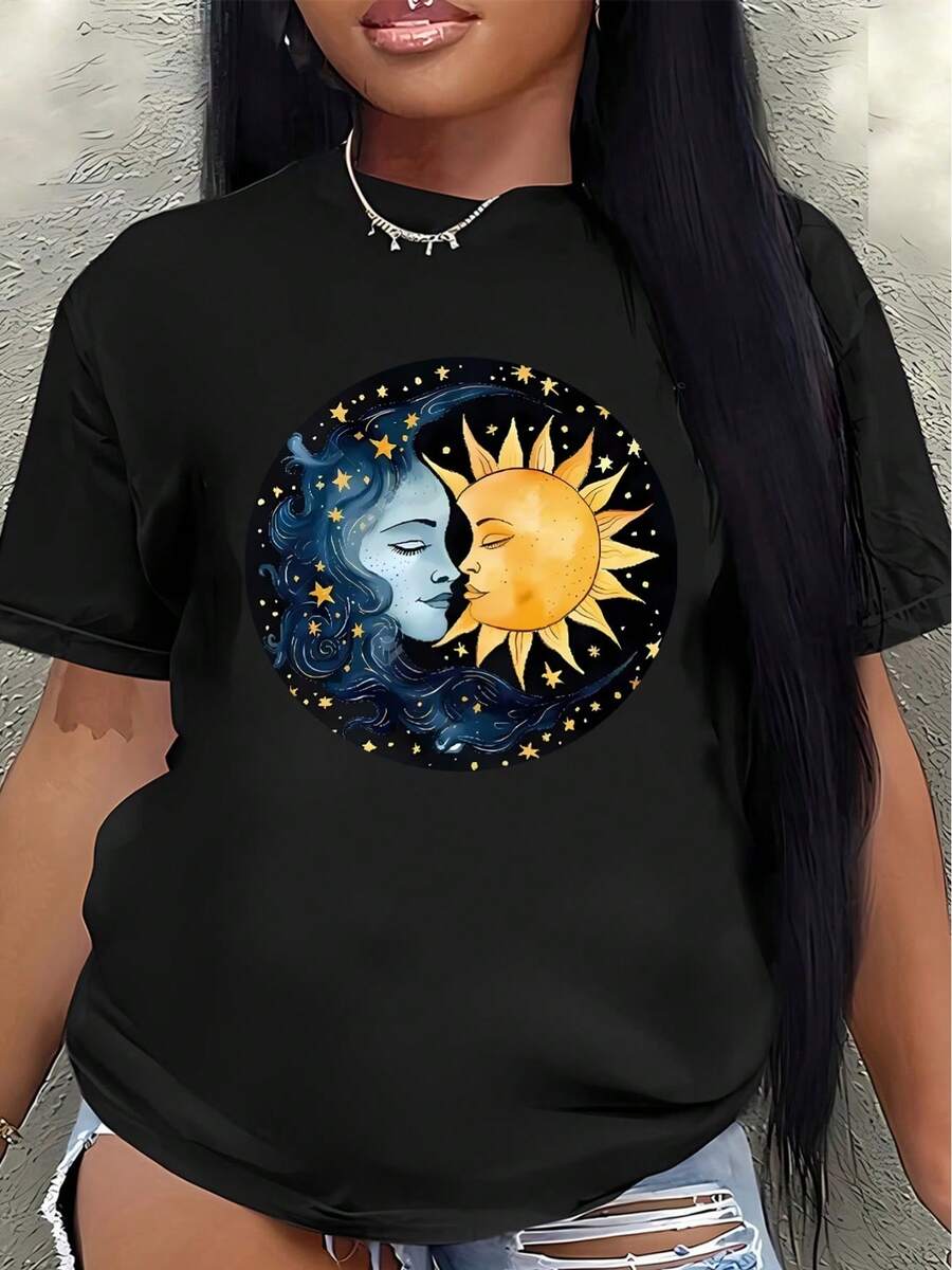 This Lightweight And Durable Short-Sleeved T-Shirt, Featuring A Sun And Moon Design, Is Perfect For Lounging At Home, Going To Cafes, Or Enjoying Leisure Time Outdoors. It Boasts Eye-Catching Cosmic Art Patterns And A Comfortable Fit. (Women's Blouses > Clothing) - 黑色 - 查看 1