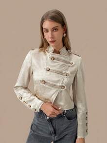 HZXVIC Women's New Elegant Temperament Stand Collar Asymmetrical Front Button Jacquard Jacket Jacket - Beige - View 3