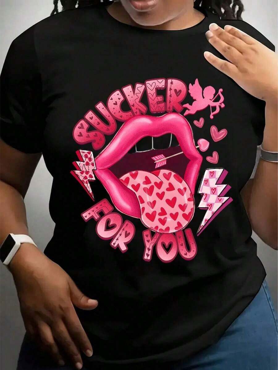 Women's "Sucker For You" Lips Graphic T-Shirt, Cute Casual Summer T-Shirt With Valentine's Day Heart Print, Fashionable Women's T-Shirt - 黑色 - 查看 1