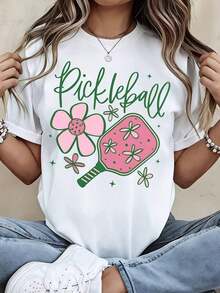 Camiseta Deportiva de Pickleball Rosa con Diseño Floral de Paleta de Pickleball y Flores para Actividades al Aire Libre - Blanco - Ver 6