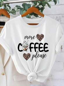 Camiseta Gráfica para Mujer Amante del Café "Más CAFÉ Por Favor", Cuello Redondo con Diseño de Corazón de Grano de Café, Manga Corta, Top Elegante para Primavera/Verano 2026, Estilo Vintage para Fiesta, Talla BLPH para Mujer, Adecuada como Regalo. playera de mujer. blusas>elegantes. boho chic,Top de mujer suave, transpirable y cómodo, ideal para primavera, verano y otoño, perfecto para vacaciones, viajes y uso diario. - Blanco - Ver 7