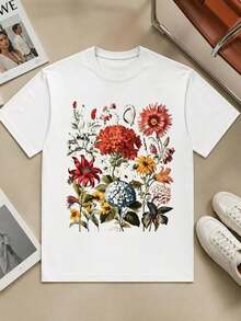 Camiseta Casual de Manga Corta para Mujer, Estampada con Motivos Botánicos y Florales Vintage, Ropa de Verano, Camiseta Oversize, Streetwear Casual, Cuello Redondo, Algodón, Moda de Verano, Camiseta Holgada para Mujer, Atuendo Diario - Blanco - Ver 8