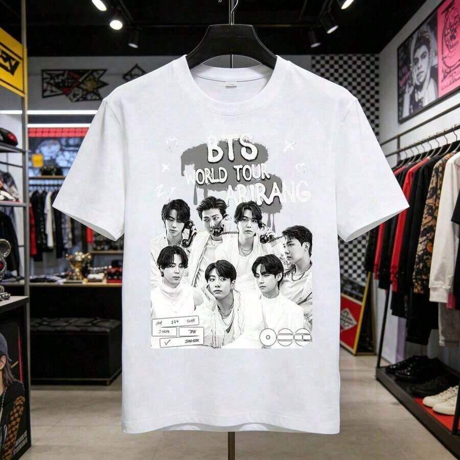 Unisex Graphic Tees, 220g Cotton, Round Neck, Short Sleeve, V Taehyung ABTS Kisses Graphic Tee, Fan Tee, Vintage Product Highly Appreciated By Fans Of The Group, Clothing For Fans Of Music Icons. - 布蘭克 6 - 查看 1