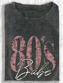 1 Piece Women's Plus Size 80s Retro Graphic T-Shirt - Loose Fit, Large Letter Print, Casual, Short Sleeve, Crew Neck, Machine Washable, Comfortable, Relaxed Fit, Fun Design, Cotton Fabric, Suitable For Daily Wear, Urban Retro Style, Black, Summer, 180g, 100% Cotton - 黑色 - 查看 10