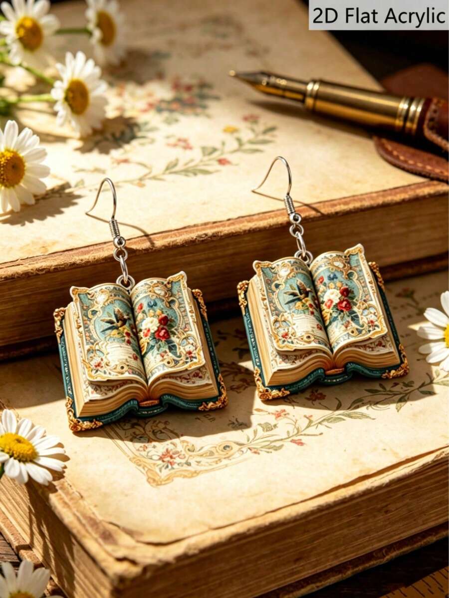 1 Pair Of Antique Book Shaped Earrings, 2D Flat Earrings, Add Fashion Charm To Daily Life, Suitable For Homecoming And Graduation Parties, And Are The Best Gift For Friends And Sisters During School - Book - View 1