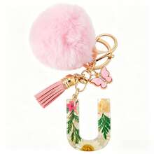 1 Móc khóa chữ cái tiếng Anh bằng nhựa hoa khô, thời trang nữ, hình bướm tua rua, quả cầu bông trang trí, quà tặng cho mẹ và bạn thân. - Hồng - Xem 21