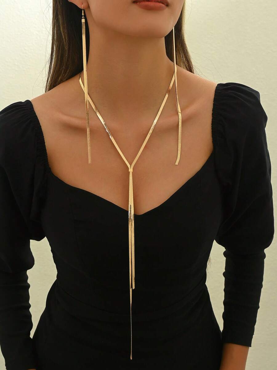 Bộ trang sức 3 món phong cách nghỉ hè với bông tai và dây chuyền tua rua dài, dây chuyền chữ Y kiểu dáng tối giản thời trang, dây chuyền tua rua dài để phối cùng áo len, mặt dây chuyền dây chuyền bản lớn, phụ kiện đa năng dùng hàng ngày. - vàng - Xem 1