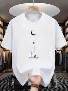 Camiseta casual de algodón puro para mujer, con cuello redondo y estampado de luna y figuras - corte holgado, top de verano transpirable, adecuada para uso casual, top transpirable.|Camiseta con estampado de luna|Tela opaca - Blanco - Ver 1