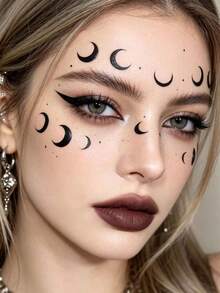 1pc Cool Black Moon Face Sticker, Self-Adhesive Waterproof Long-Lasting, Party Subculture Makeup Decor Sticker, Dark Gothic Crescent Moon Face Decoration Sticker, Suitable For Gothic Halloween Makeup - Multicolor - View 2