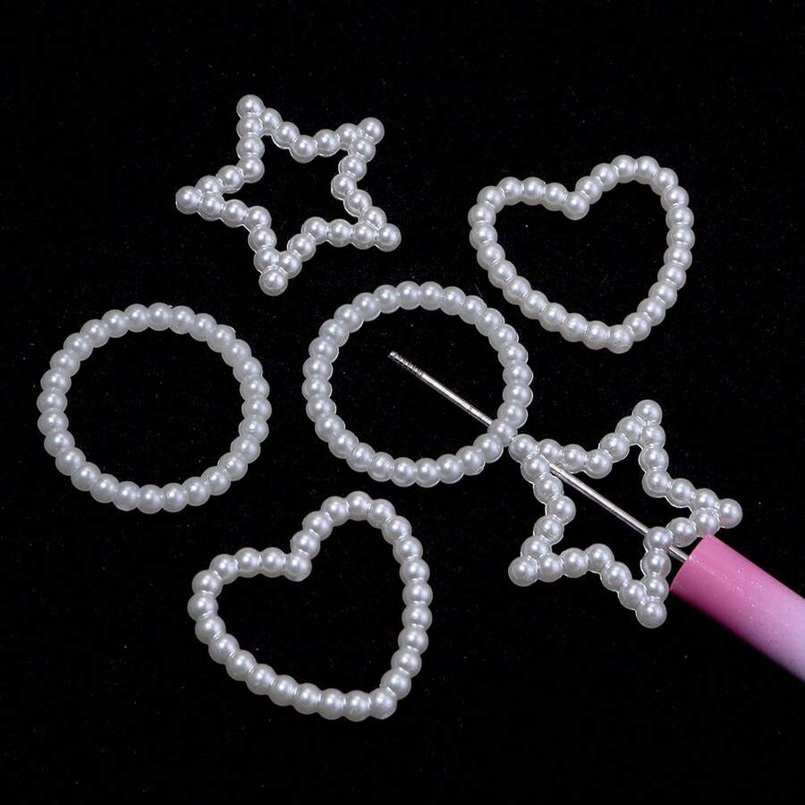 30pcs/Pack ABS Faux Pearl Hollow Ring Loose Beads, Heart Star Round Phone Case Decoration Nail Art Beads, Suitable For Beaded Pen Earrings Bracelet Necklace Phone Chain DIY 3D Floral Garland Beads