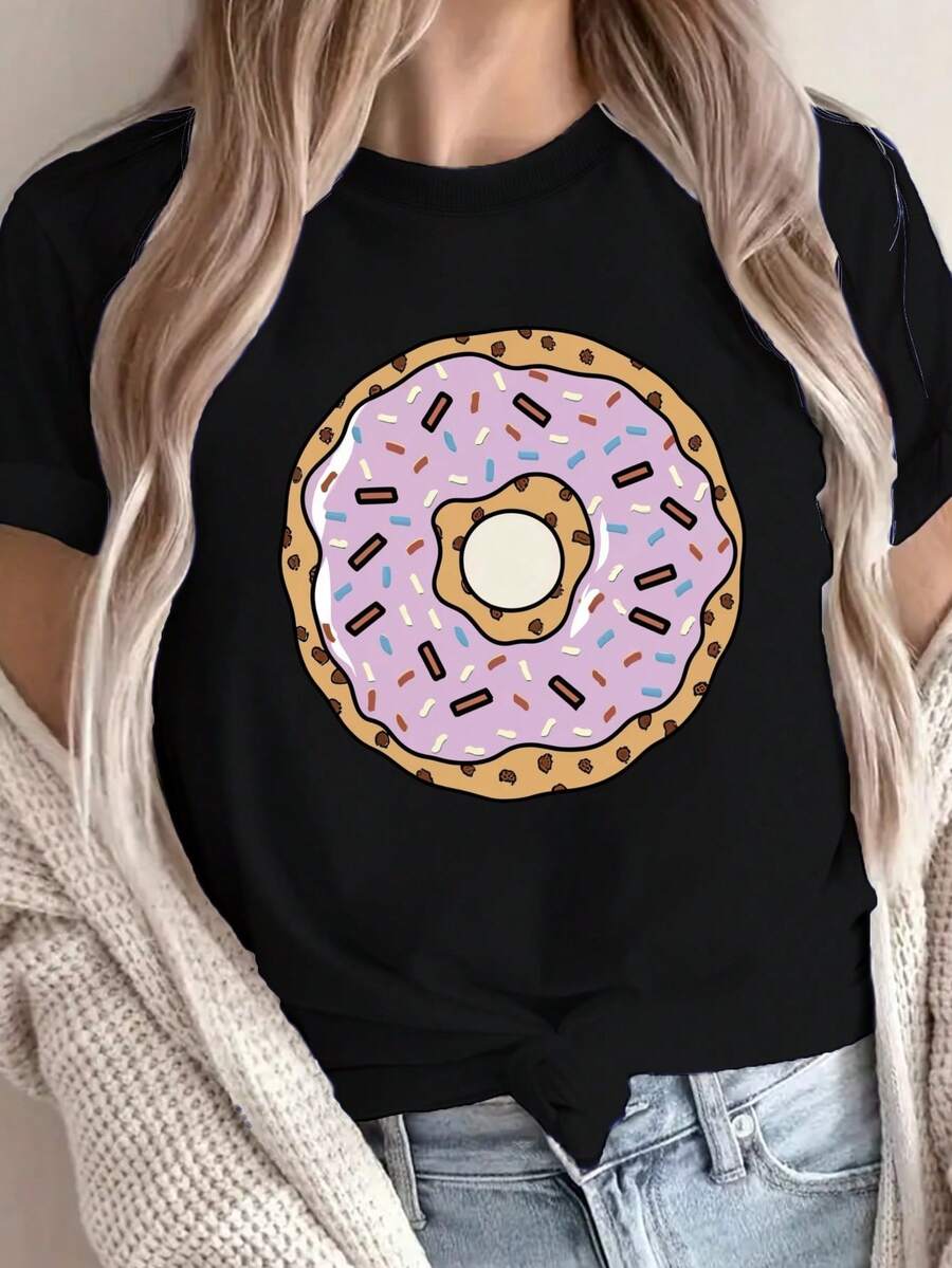 Comfortable Print. Women's G500L Pure Cotton T-Shirt With Leopard Donut Print, Comfortable Fit. Simple And Casual Summer Top. - màu đen - Xem 1