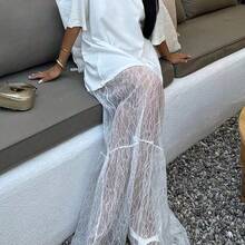 Women's Round Neck Contrast Lace Dress, Sexy Casual Knitted Fabric Dress, Spring/Summer Elegant White - Negro - Ver 4