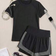 Cheerettes Women's Solid Color Short Sleeve T-Shirt And Contrast Color Shorts Outdoor Suit - Negro - Ver 1