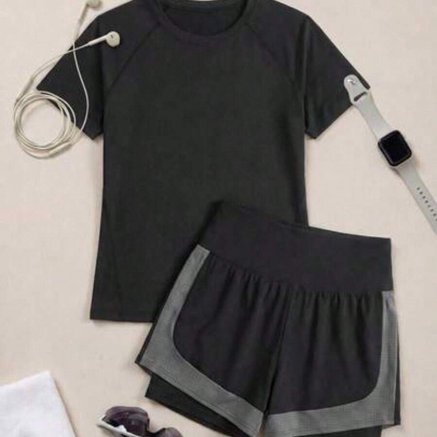 Cheerettes Women's Solid Color Short Sleeve T-Shirt And Contrast Color Shorts Outdoor Suit - Negro - Ver 1