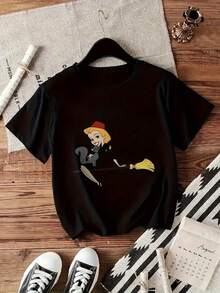 Y2K Women's Elegant Style T-Shirt With Witch Print, Short Sleeve, Round Neck, Casual Top, For All Seasons | Fashionable Casual Clothing | Loose, Casual, And Versatile T-Shirt With  Letter Print - 黑色 - 查看 3