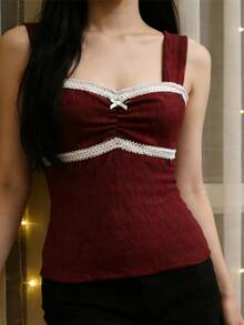 Women's Knit Camisole Elegant Lace Trim Sleeveless Square Neck Slim Fit Ribbed Tank Tops For Party Daily Wear - Red - View 3