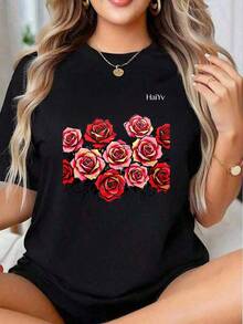 Limited Time Offer, Limited Quantity Available, Flash , Women's Shirts, Women's T-Shirts. Women's Comfortable Loose Fit White T-Shirt, Short Sleeve Crew Neck, Red Rose Graffiti Print, Casual T-Shirt For Everyday Wear And Going Out - 黑色 - 查看 1