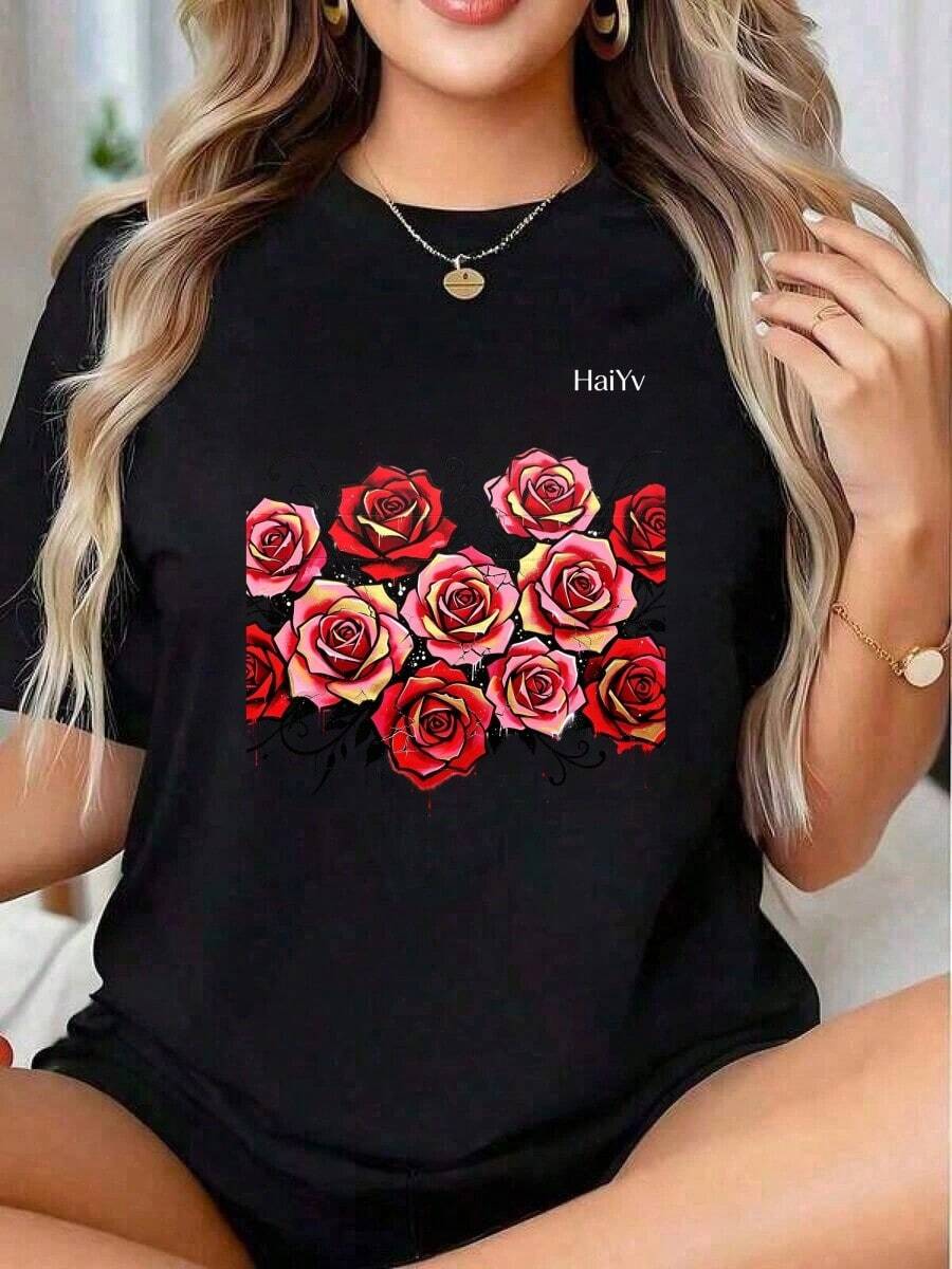 Limited Time Offer, Limited Quantity Available, Flash , Women's Shirts, Women's T-Shirts. Women's Comfortable Loose Fit White T-Shirt, Short Sleeve Crew Neck, Red Rose Graffiti Print, Casual T-Shirt For Everyday Wear And Going Out - 黑色 - 查看 1