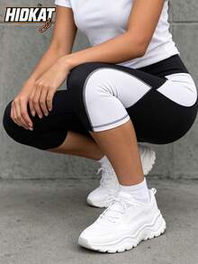 Hidkat Women's Solid Color Black & White Contrast High Waist Tight Fit Athletic Knit Leggings Sports - Black and White - View 2