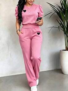 两件套粉色休闲刺绣针织家居服套装，女士夏季优雅装扮 - 粉色 - 查看 2
