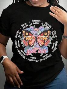 Women's Cotton T-Shirts With Floral Butterfly Design And Inspirational Words "You Are Beautiful" For Casual And Everyday Style, Basic Women's Blouses. - 黑色 - 查看 1