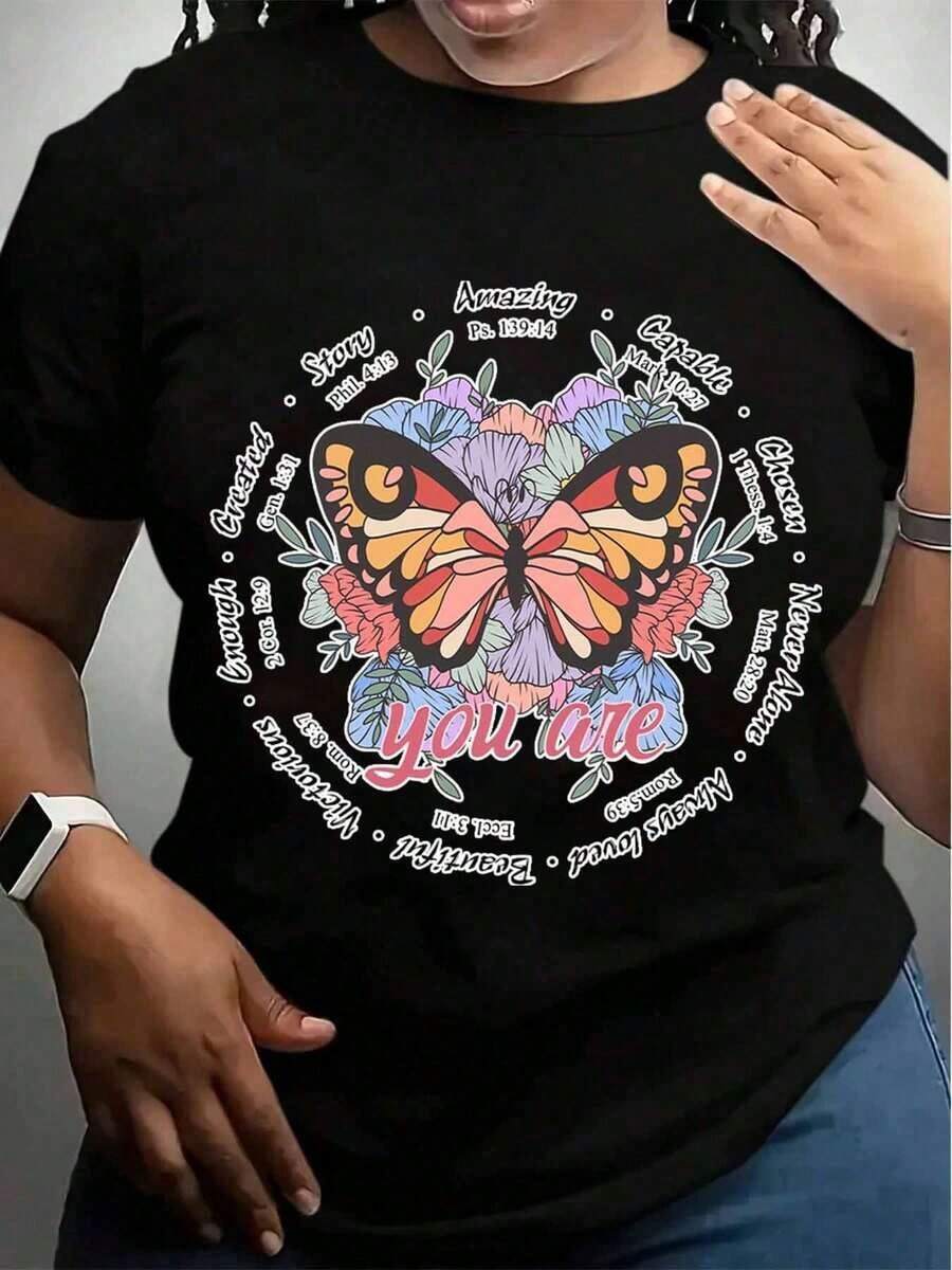 Women's Cotton T-Shirts With Floral Butterfly Design And Inspirational Words "You Are Beautiful" For Casual And Everyday Style, Basic Women's Blouses. - 黑色 - 查看 1