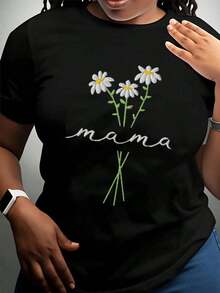 Camiseta Bordada con Diseño de Flores para Mujer, Regalo para el Día de la Madre, Talla Grande, con Diseño de Margaritas, 220g - Estilo Vintage Urbano, Unisex, Holgada, de Algodón, Manga Corta, Cuello Redondo, 100% Algodón - Negro - Ver 3