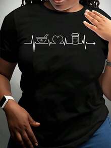 Heartbeat Design T-Shirt For Pharmacists And Pharmacy Students, With Medicine Bottle Graphic And Mortar And Pestle, For Healthcare Professionals And Medical Workers, 220g - Urban Vintage Style, Unisex, Cotton, Short Sleeve, Round Neck, 100% Cotton. - 黑色 - 查看 3