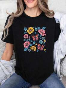 Women's Cotton T-Shirts With Vibrant And Colorful Butterfly Floral Print - Unisex Round Neck Short Sleeve T-Shirt, Made Of Soft And Breathable Fabric With Black Base And Colorful Floral Design, Suitable For Daily Wear In Spring, Summer And Autumn, An Ideal Gift. - 黑色 - 查看 7