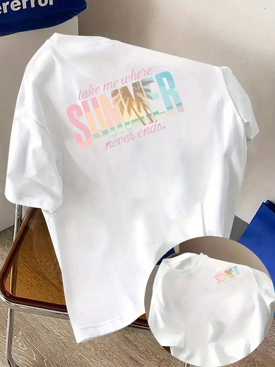 New Men's 180gsm Cotton T-Shirt With A Summer Theme And A "Never-Ending Summer" Print On The Front And Back. This Short-Sleeved T-Shirt Is Suitable For Everyday Casual Wear And Outdoor Fitness Activities. It Features A Unique Double-Sided Pattern Design, Perfect For Layering In Spring And Autumn Or Wearing Alone In Summer. Unisex Style. - 白色 - 查看 1