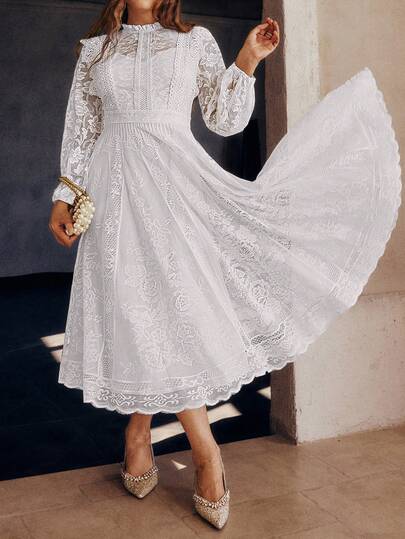 Simplee Vestido de encaje de unicolor elegante de talla grande para primavera/verano, vestido formal vintage con manga larga, cuello alto, línea A y dobladillo amplio, vestido de fiesta, vestido de cumpleaños en color blanco