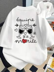 New 180g Short-Sleeved T-Shirt, 1% Cotton, With Front And Back Prints - Wedding Theme, Clinking Champagne Glasses - Fashionable Printed T-Shirt For Women, Spring/Summer, Suitable For All Seasons,  Clothing - Can Be Worn As A Base Layer In Spring And Autumn Or Alone In Summer, Unisex. - 白色 - 查看 7