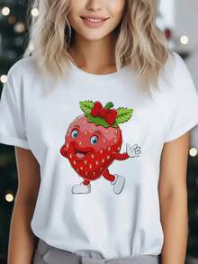 Women's T-Shirt With Fun Strawberry Print, Summer Fashion For Women, Casual, Comfortable, Soft, Suitable For Daily Outdoor Activities, Fitness, Breathable, Round Neck And Short Sleeve For Daily Wear. - 白色 - 查看 7