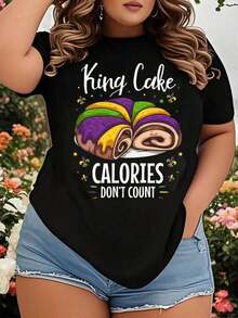 Women's Plus Size Mardi Gras T-Shirt "King Cake Calories Don't Matter", Festive Party Shirt, Carnival Costume, Celebration Gift - 黑色 - 查看 1